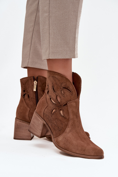 Women's Openwork Ankle Boots Made of Natural Suede on Heel Zazoo 3690 Brown