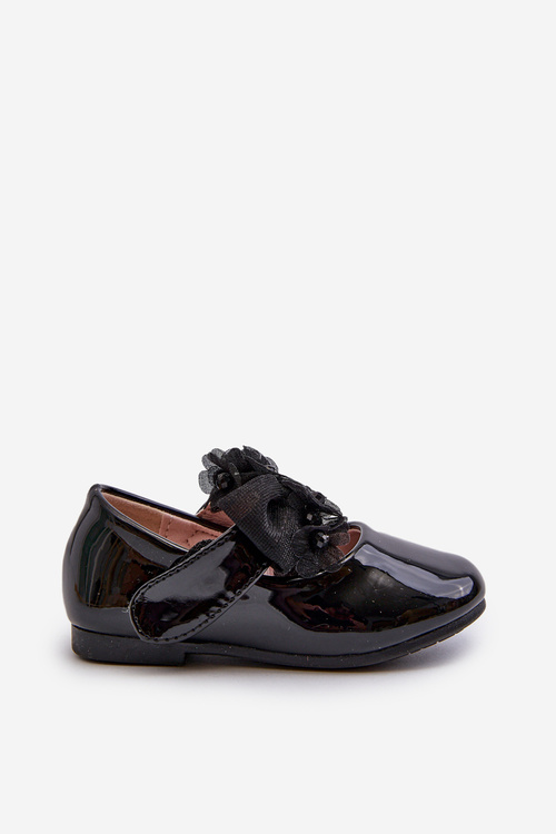 Black Glossy Children's Ballerina Flats With Velcro Strap And Bow Olessa
