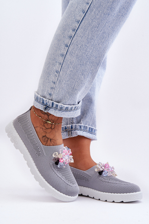 Tenisówki Damskie Wsuwane Z Kamieniami Szare Simple JY303