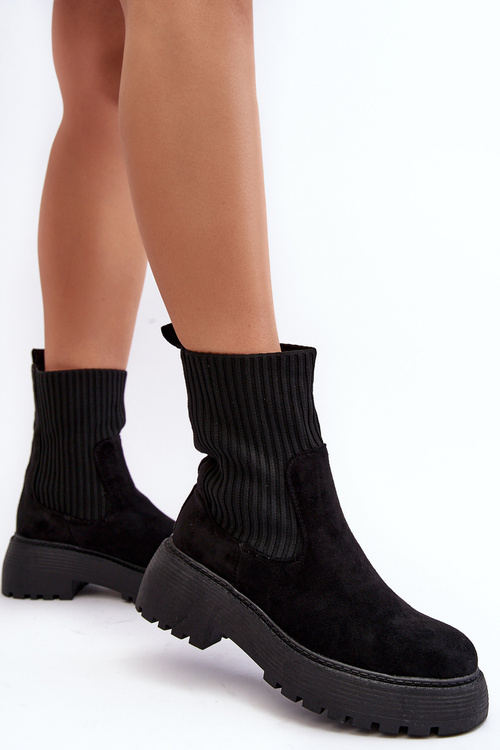 Women's Suede Boots with Sock on Platform and Flat Heel Black Rewam