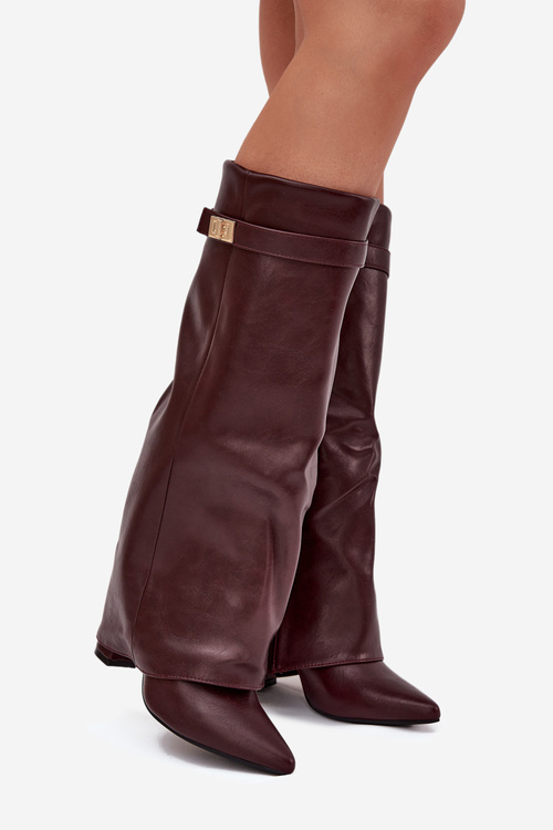 Women's Ankle Boots With Block Heel Rolled Down Shaft And Gold Detail Burgundy Diorna