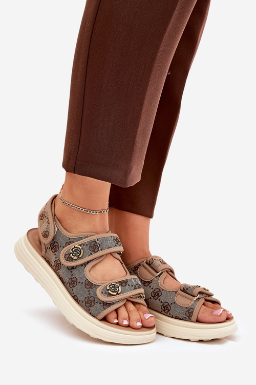 Women's Patterned Fabric Sandals With Golden Details Khaki Pefese