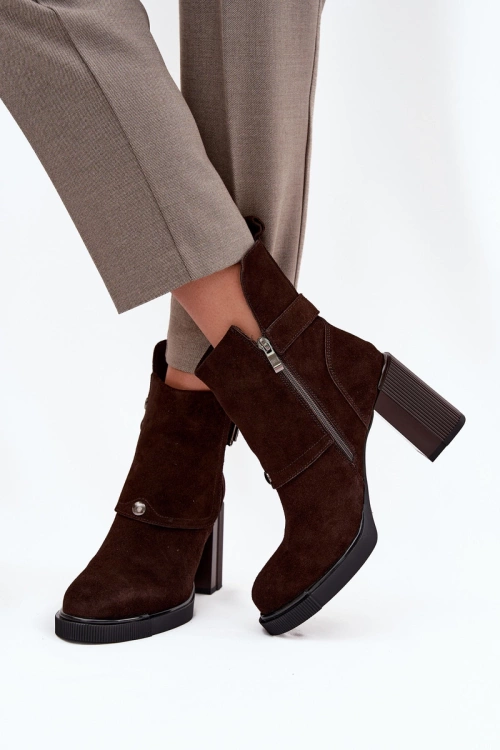 Ankle boots made of natural suede on a block heel with a buckle Vinceza 91152 chocolate