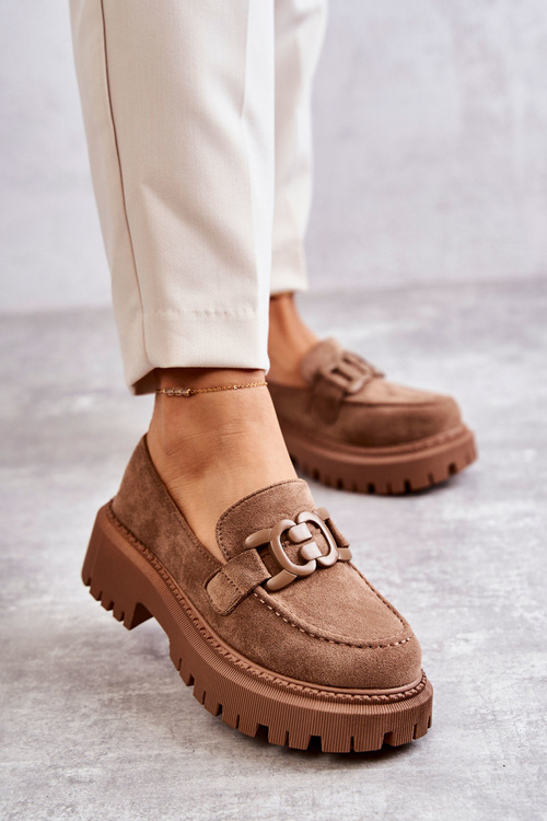 Półbuty Damskie Zamsz Ozdoba Ciemnobeżowe Leeza