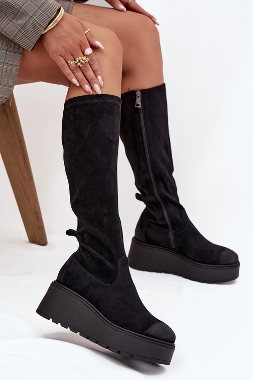 Womens Knee High Platform And Wedge Boots Black Vinceza 58342