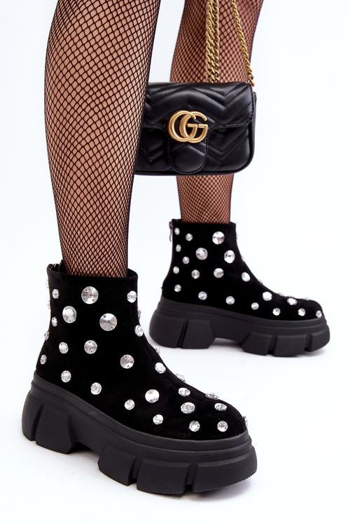 Botki Zamsz Ocieplane Kryształki Czarne D&A MR52-205