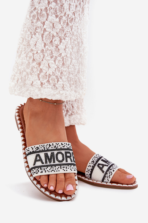 Klapki Damskie Płaski Obcas Zdobienie Amore Białe Avelina