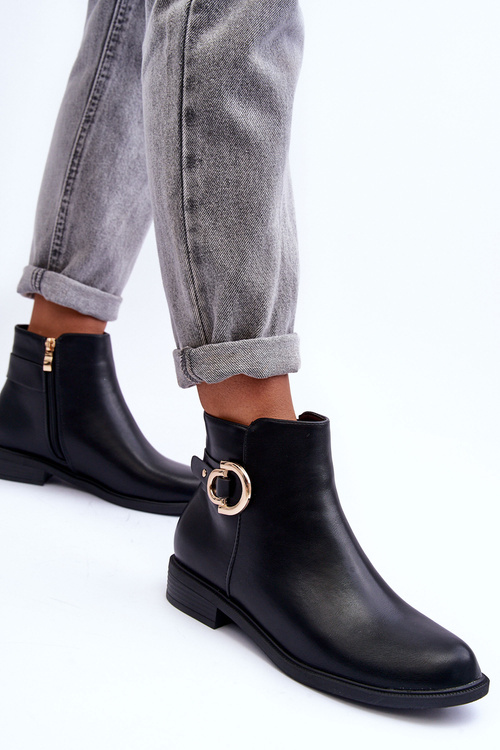 Botki Damskie Skóra Płaski Obcas Meronei Czarne DY7-3