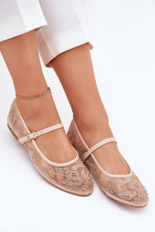 Baleriny Damskie Siateczka Haft Zdobienie Beżowe Tillilora