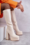 Fashionable Leather Boots On Chunky Heels Beige Meggie