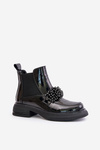 Leather Patent Ankle Boots With Decoration Slip On Warm Black Solimav