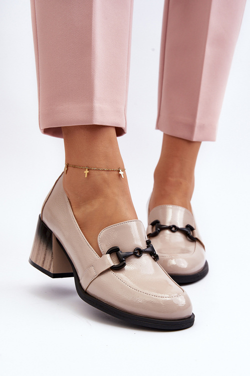 Półbuty Lakierowane Obcas Beżowe Nireva 58309