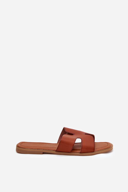 Damskie Klapki Wycięcia Eko Skóra Camel Salyra