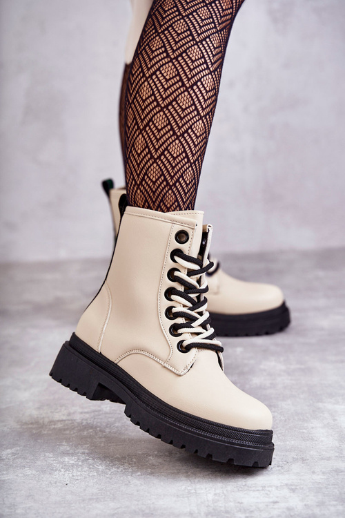 Botki Workery Damskie Skóra Jasnobeżowe Denila