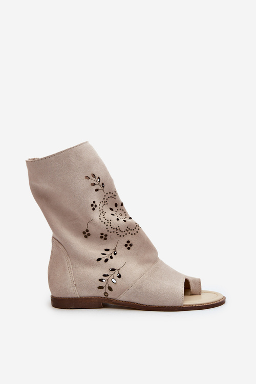 Zazoo 3437 Women's Suede Sandals With Zipper Shaft Beige