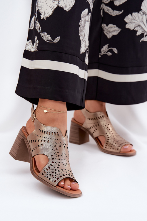 Ladies Perforated Sandals On A Heel Gold Tosine