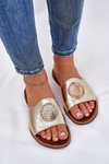 Zazoo 2938 Leather Slippers On Flat Heel With Decoration Gold