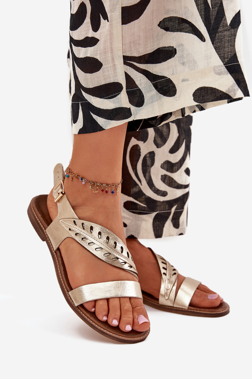 Damskie Sandały Skóra Naturalna Płaski Obcas Złote Zazoo 3564