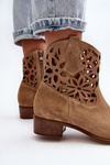Botki Kowbojki Zamszowe Ażurowe Niski Obcas Beżowe Zazoo 3404