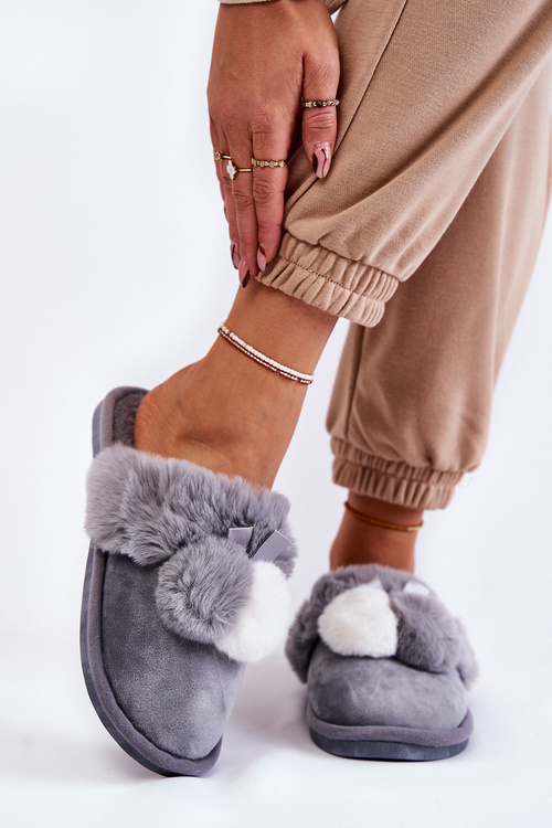Women's Slippers With Pompoms And Fur Gray Sahira