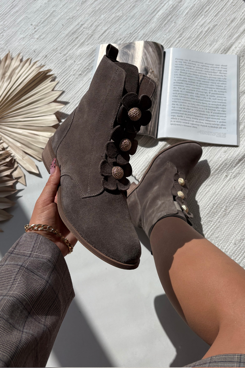 Suede Women's Ankle Boots with Decorative Flowers Zazoo 3085 Dark Beige