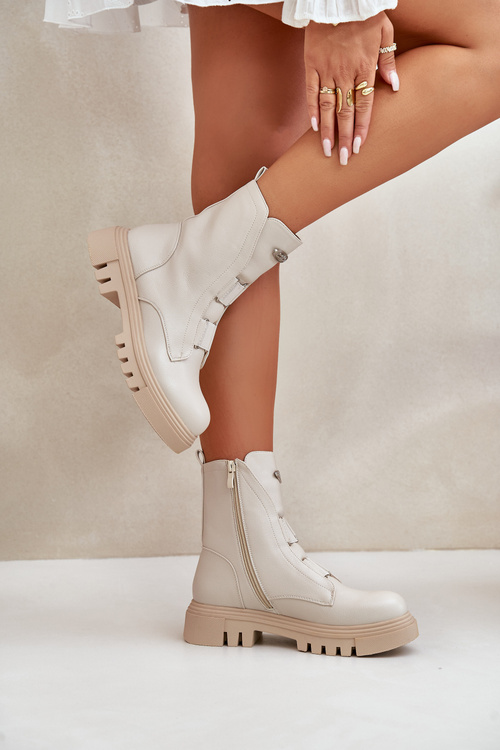 Botki Workery Damskie Ocieplane Eko Skórzane Na Zamek Jasnobeżowe Mailyra