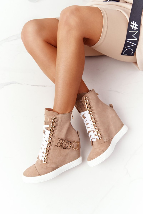 Women’s Suede Wedge Sneakers BOOCI Golden Letters Light Camel
