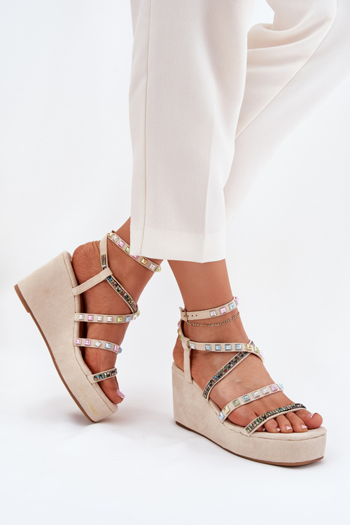 Women's Wedge Sandals With Decoration On Straps Beige Lunara