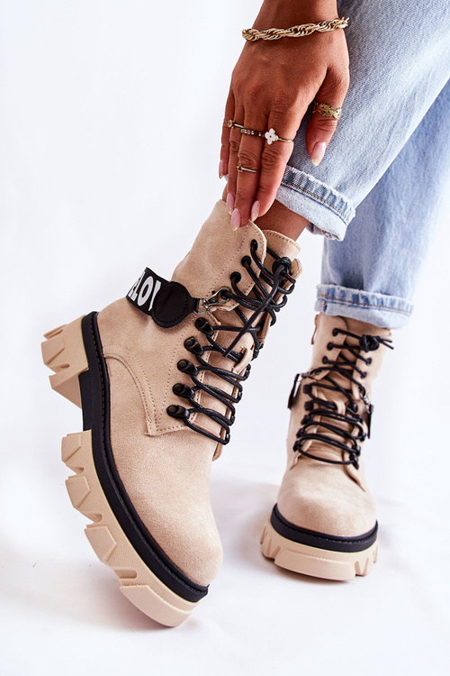 Botki Zamsz Wysokie Ocieplane Beżowe Danity