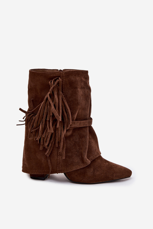Women's heeled ankle boots with fringes and gold buckles brown Evelisse Botki Damskie