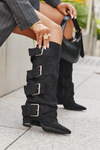 Women's heeled boots with turned-up shaft and gold buckles eco suede black Isavelle