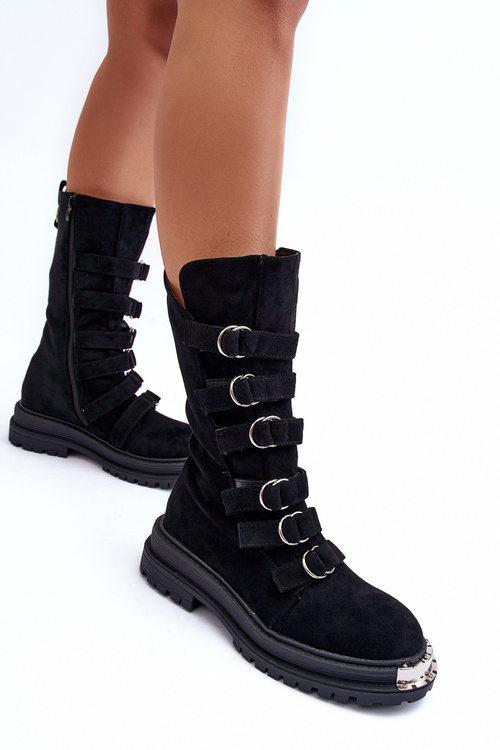 Leather High Boots with Straps Black Elnatea
