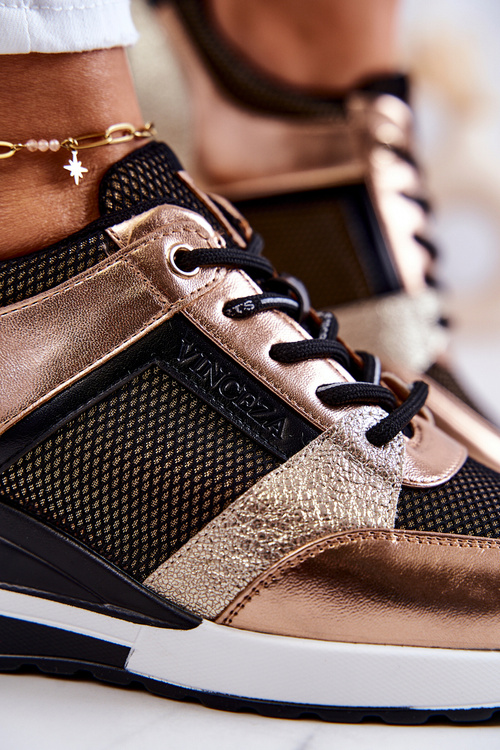 Buty Sportowe Sneakersy Wiązane Czarno-Złote Sharon