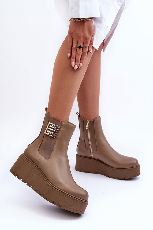 Women's Leather Boots On Massive Platform Dark Beige Savira