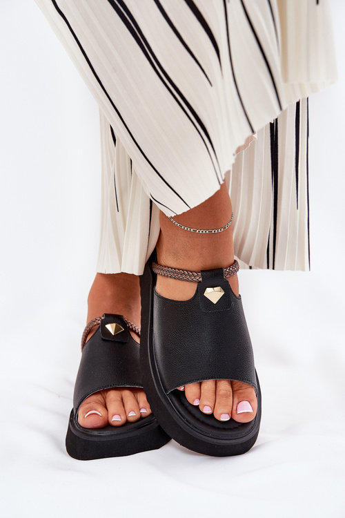 Leather Ladies Platform Slippers With Decorative Strap D&A MK51-475 Black