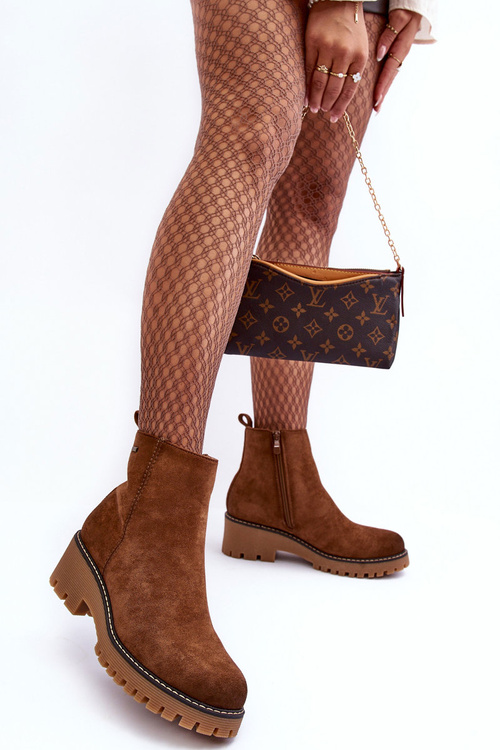 Suede Ankle Boots with Flat Heel and Fleece Lining Brown Neafgi