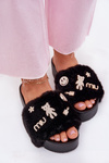 Ladies Platform Slippers With Fur And Gold Clips Black Livira