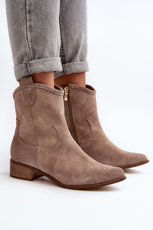 Suede Cowboy Boots with Low Heel Zazoo 3329 Cappucino