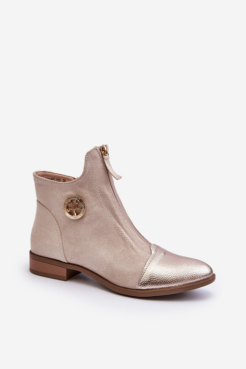 Women's Ankle Boots with Flat Heel and Zip Beige Loratie