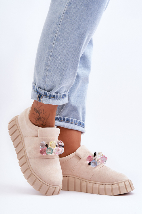 Buty Sportowe Półbuty Modne Wsuwane Ozdoba Beżowe Desire NB615