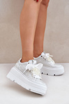 Damskie Sneakersy Skóra Naturalna Platforma Srebrne  CheBello 4658