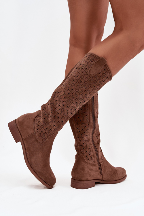 Women's Flat Heeled Boots with Perforated Pattern S.Barski HY52-531 Brown