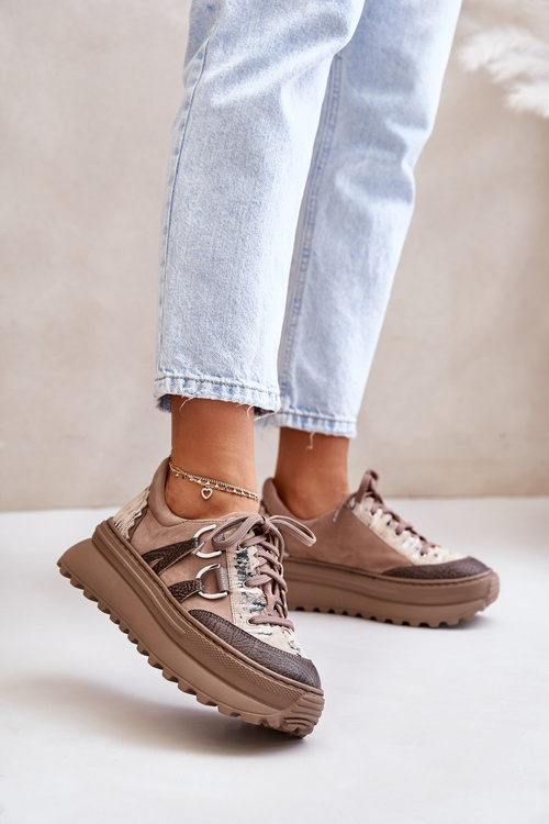 Sneakersy Damskie Skóra Naturalna Platforma Ciemnobeżowe Maciejka 06562-10