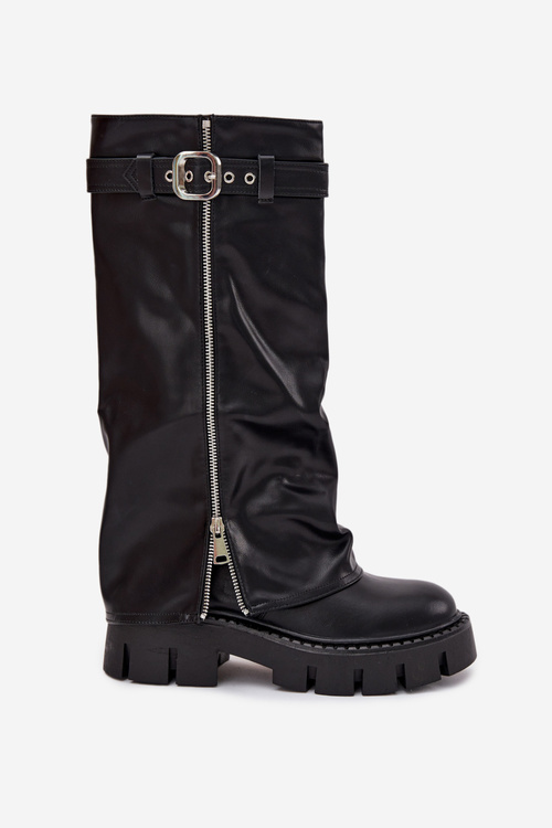 Insulated boots with turned collar buckle and silver zipper Black Armena