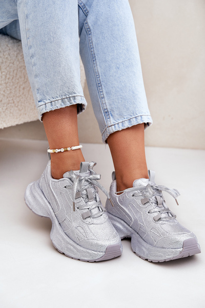 Zdobione Cyrkoniami Sneakersy Damskie Srebrne Porrot