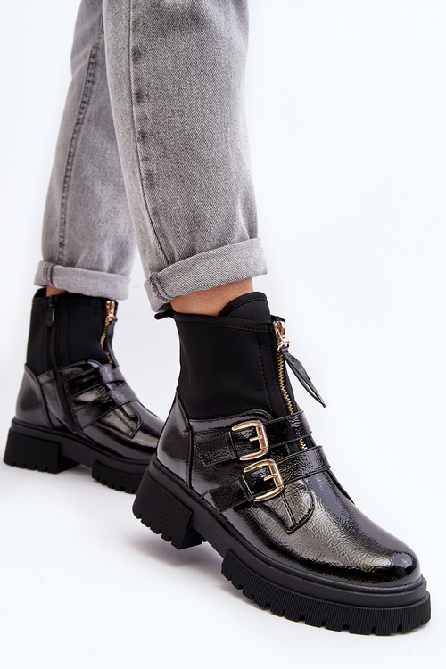 Black patent leather women's ankle boots with flat heel Rellisa