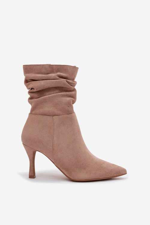 Women's Heeled Ankle Boots With Wrinkled Shaft Eco Suede Zip Beige Ulisse