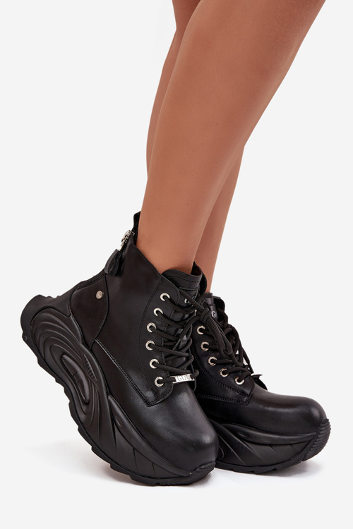 Damskie Botki Skóra Naturalna Ocieplane Na Platformie Czarne GOE SS2N4301