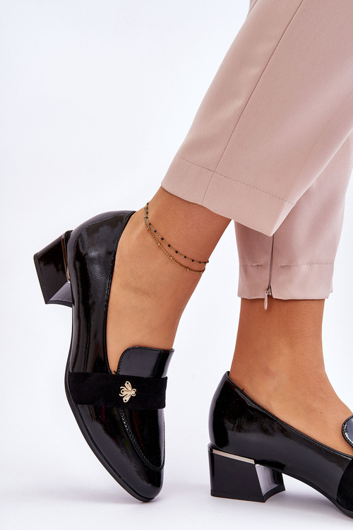 Patent Leather Low Heel Pumps With Embellishment Black Doria