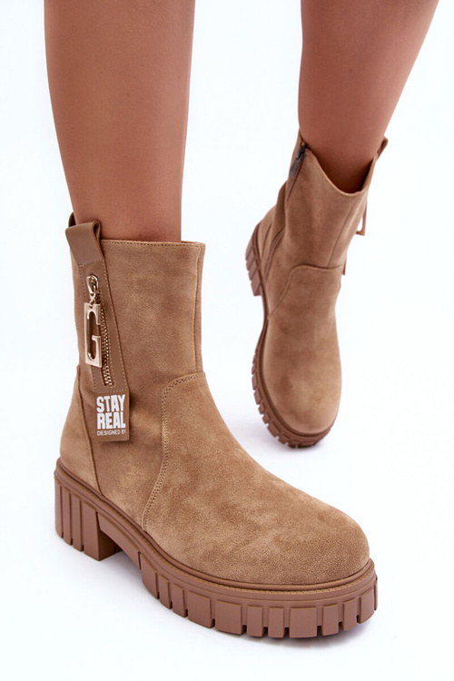 Women's Massive Suede Boots on Flat Heel Beige Lunai